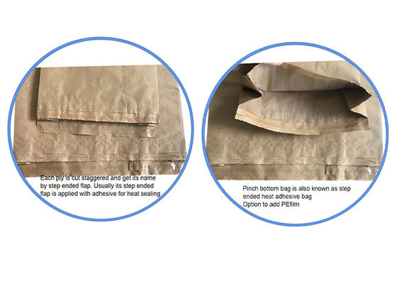Dicetak Kantong Kertas Kraft Self Seal Kuat Multiwall Mulut Terbuka Pinch Bawah Flexo Printing Bio-Degradab