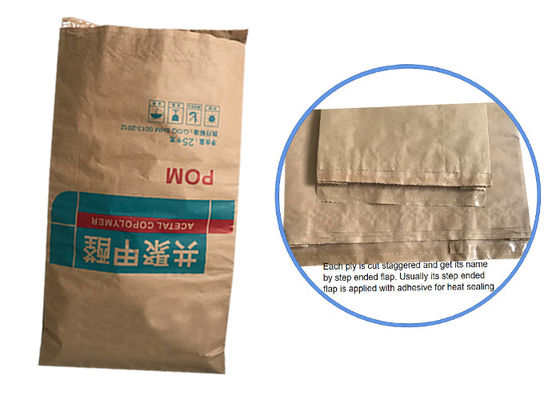 25KG Multiwall Kraft Paper Bags Pinch Bottom Untuk Kemasan Bahan Serbuk